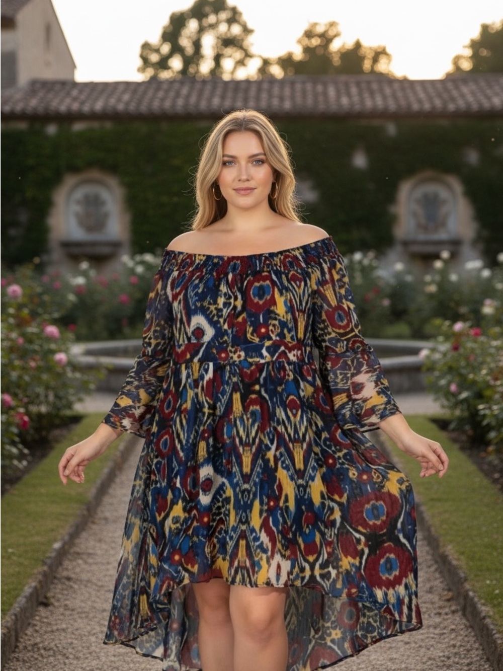 Ashley Stewart Multicolor Off-Shoulder Midi Dress - Red, Blue, Yellow Print